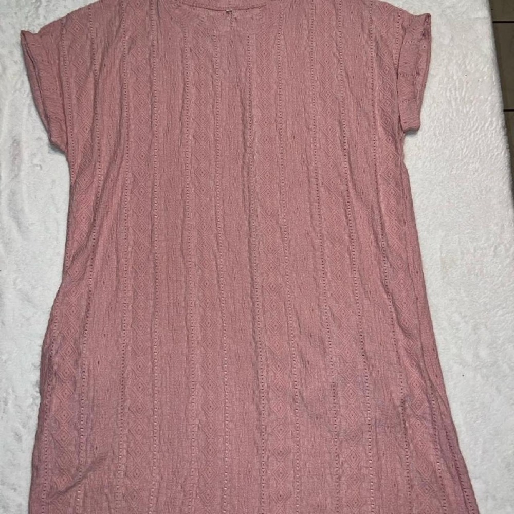 Pink Textured Knit Pointelle T-Shirt Dress with Pockets Small